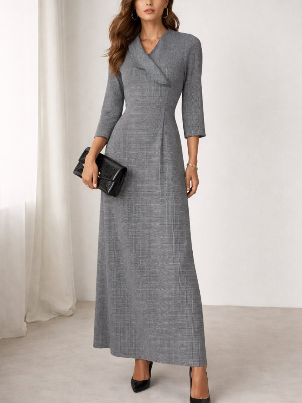 Vintage ursa major quiet luxury minimalist houndstooth ruffle collar maxi dress